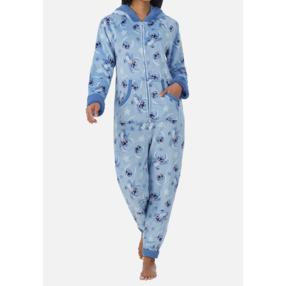 Disney Stitch Women’s One-piece Pajama Blue Jumper 3 D ears Hooded M New - Picture 1 of 5
